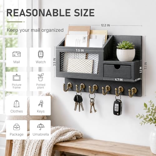 FifthQuarter Key Hooks for Wall with Drawer and 6 Sturdy Key Hooks, B-Black - color: B-Black
