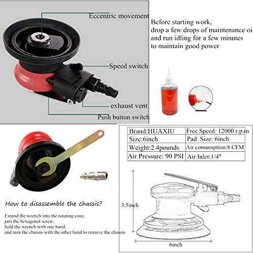 Professional Air Random Orbital Sander, Heavy Duty Dual Action Pneumatic Palm Sander (6 inch, Red) - color: Red, size: 6 inch