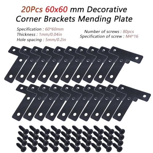 20-Pack Steel T-Shape Mending Plate Corner Brace 2.4 Inch for Wood - size: T Black 60x60 mm