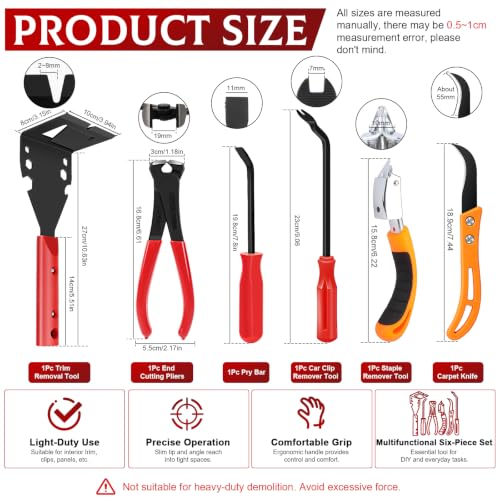 6Pcs Trim Removal Tool with Staple Remover Tool Kit, Nail Puller Baseboard Removal Tool Upholstery Staple Remover Clip Removal Tool Pry Bar Carpet Knife Fastener Remover Tool Kit for Car Wooden Floor