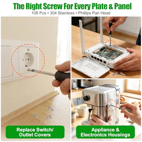108 Pcs #6-32 Phillips Pan Head Machine Screws Kit, 304 SS | For Electrical Outlet, Switch Plate, Junction Box, Furniture Repair, 12 Sizes (1/4" To 2"), Clear Label Storage Box,Anti-Rust - size: SS 108Pcs #6-32（1/4" to 2" ）2 Pan