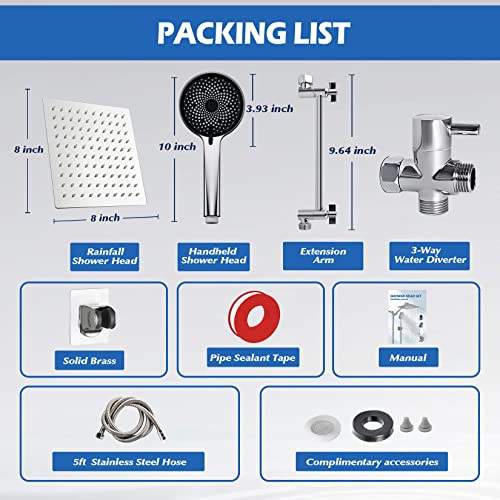 Shower Head,8”Rain Shower Head with Handheld Spray Combo with 11'' Angle Adjustable Extension Arm/Flow Regulator/Shower System,High Pressure Rainfall Shower Head Bathroom,Chrome - color: Silver01, size: 8 Inch