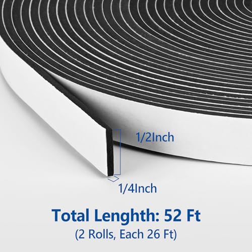 Self Adhesive Foam Tape Weatherstrip 1/2In x 1/4In x 52Ft High Density Foam Insulation Strips Foam Seal Weather Stripping with Strong Adhesive for Door and Window Sound Isolation Soundproofing - size: 1/2in x 1/4in x 52Ft