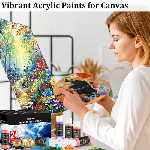 Caliart 24 Colors Metallic Acrylic Paint Set with 12 Brushes - color: Metallic, size: 2 Fl Oz (Pack of 24)