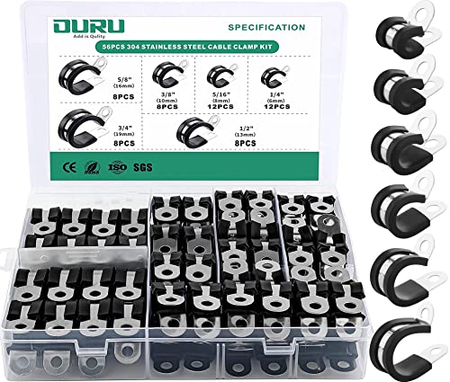 OURU 56PCS Cable Clamps Assortment Kit,Rubber Coated, 1/4"-3/4" 6 Sizes - size: 56pcs - 1/4", 5/16", 3/8", 1/2", 5/8", 3/4"