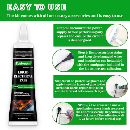 Liquid Electrical Tape Waterproof,4fl.Oz/120ml Liquid Tape Fast Dry, Set Includes 4petgloves,1brushes, 2sandpaper, Suitable Chargers, Plugs,Automotive Marine Electronic Circuits