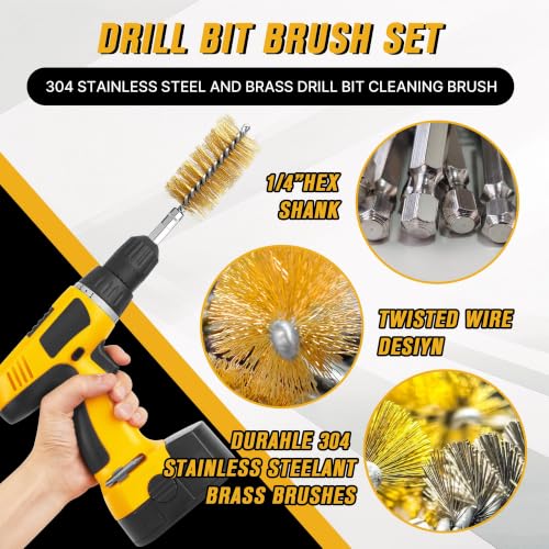 16 Pcs Wire Brush Set for Drills, Stainless Steel and Brass Bore Cleaning Brushes with 1/4" Hex Shank, Compatible with Power Drills, Grinders, and Impact Drivers (8-25mm) - color: 16PCS Gold & Silver