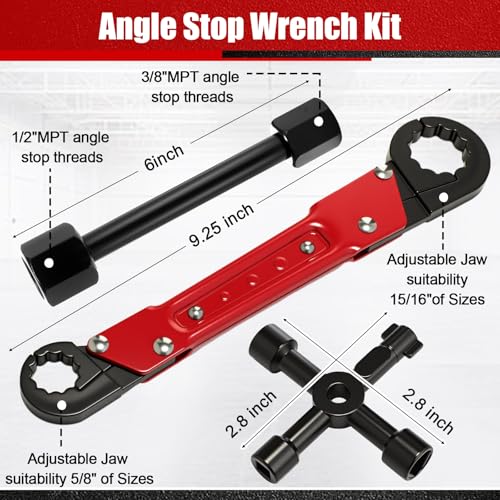 5 Pcs Angle Stop Wrench Kit Plumbing Tool, Compression Sleeve Puller for 1/2" Compression Fittings, Ferrule Puller Removal Tool for 1/2" Copper Tubing Nut, 4-way Multi-functional Utility Key - color: Red