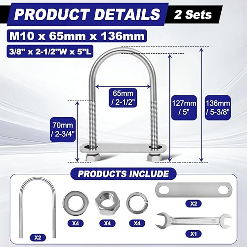 2 Sets M10 U Bolts 2-1/2 Inch Wide, 3/8" x 2-1/2"W x 5" L | 304 Stainless Steel U Bolt Heavy Duty for boat trailer with Nuts, Bolt Plate and Washers,u bolts 2.5 inch wide,Metric bolts - size: M10 x 65mm x 136mm
