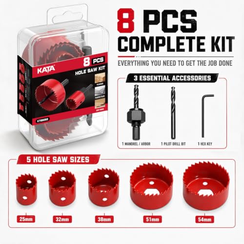 KATA 8PCS Hole Saw Kit 1" to 2-1/8" Hole Saw in Case for Wood, PVC, Plywood - color: 8PC-Red Coated