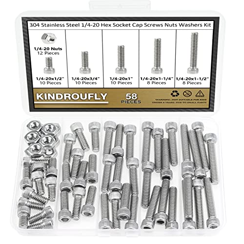 58 Pieces 1/4-20 x 1/2", 3/4", 1", 1-1/4", 1-1/2", Hex Socket Head Cap Screws Nuts Assortment Kit, 304 Stainless Steel, Fully Machine Thread - size: 1/4"-20, style: Socket Head