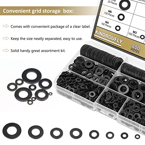 800 Pieces Black Zinc Plated Steel Flat Washers, Fender Washers, Kindroufly 7 Sizes Flat Washers, Lock Metal Washers Assortment Kit (M3 M4 M5 M6 M8 M10 M12)