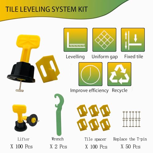 1/16" Tile Leveling System kit, 100pcs Reusable Pro Grade Tile Levelers, 2pcs Wrenches, 100pcs 1.5mm Tile Spacers, 50pcs Replaceable Stainless Steel T-Pin, Wall/Floor Tile Sewing Leveling Tools Set