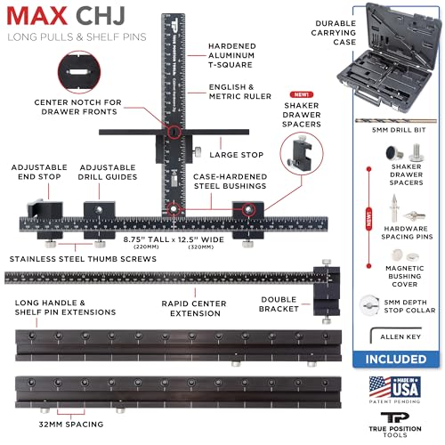 MAX Cabinet Hardware Jig - Install Long Pulls and Shelf Pin Holes - Made In USA - Hand Calibrated by True Position Tools - size: MAX