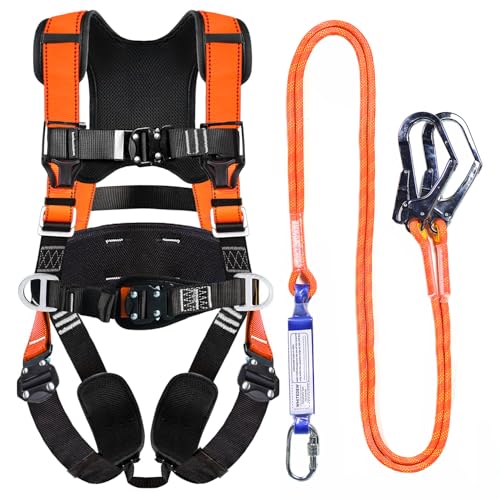 Fall Protection Premium Safety Harness with Shock Absorbing Lanyard, Vented & Padded Shoulder, Legs & Back - Upgrade 4 Quick Buckles (Orange) - color: Orange