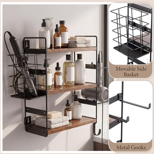 Nuanchu 3-tier Wall Mounted Hair Dryer Holder, Adjustable Wood & Metal Hair Tool Organizer with Detachable Basket & Side Hooks, Rust-resistant for Bathroom Vanity, Kitchen, Toiletries (Rustic Brown)