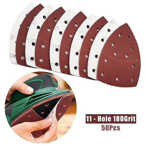 50 PCS Mouse Detail Sander Sandpaper, 180 Grit Palm Sander Sandpaper 11 Holes Hook and Loop Sander Pads Triangular Sanding Sheets Abrasive Sanding Paper for Mouse Sander - size: 180 Grit