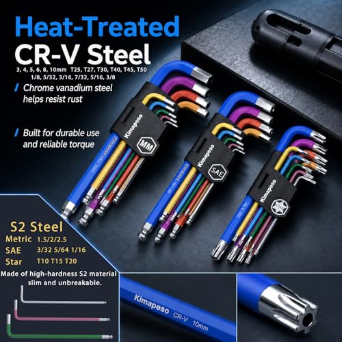 27 PCS Allen Key Set Torx SAE Metric Allen Wrenches Set Long Arm Ball End Hex Key Wrench Sets with T-Handle L-Hex Key Set Metric 1.5 to 10mm SAE 1/16 to 3/8″ Torx T10 to T50 - size: 27PCS Torx SAE Metric