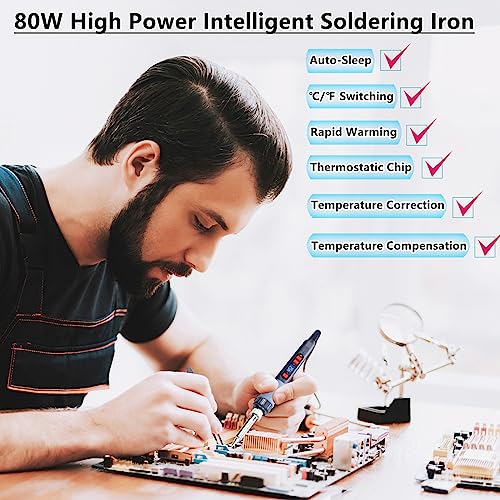 Soldering Iron Kit, 80W Electric Solder iron, Adjustable Temperature (180°C- 500°C）, With Multimeter, Magnifier Welding Helping Hand, Heat shrink tubing, Solder Wire, Desoldering pump. - color: Red (14-in-1 Soldering Iron Kit)