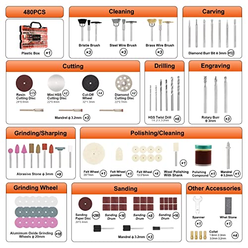 GOXAWEE Rotary Tool Accessories Kit, 480Pcs, 1/8 inch Shank
