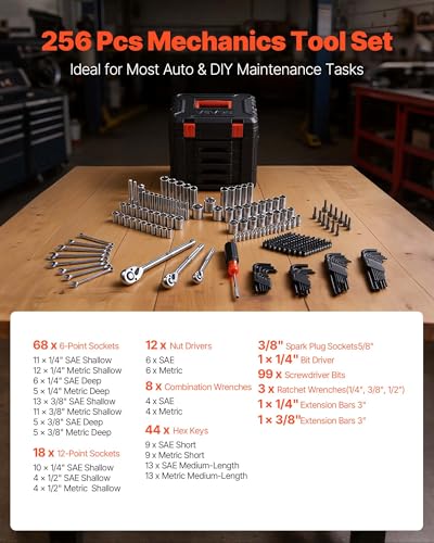 VEVOR 256 PCS Mechanic Tool Set with 4-Drawer Tool Box 1/4" 3/8" 1/2" Drive - size: 256-PCS