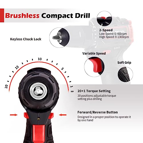 PULITUO Brushless Electric Drill Set,[Brushless Motor],12V Power Drill 310 In-lb Torque, 20+1 Clutch, 3/8" Keyless Chuck,45min Fast Charger, 2 Speed, LED Light for Home and DIY Project - color: 75933-red