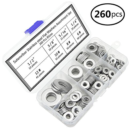 260 Pieces 8 Sizes Stainless Steel Flat Washers, 1/2 3/8 5/16 1/4 12# 10# 8# 6# Hardware Gasket Assortment Kit - size: Stainless Washers Kit (260 Pieces)