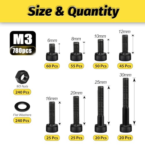 KADRICK 780PCS M3 Screw Kit,Hex Socket Head Cap M3 Bolt 6MM-30MM - size: M3 780Pcs