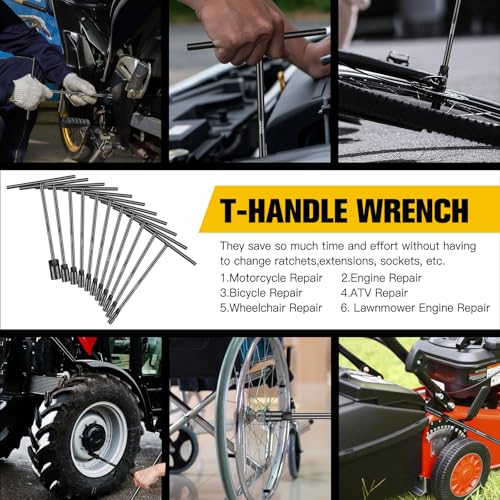 T-Handle Socket Wrench Set, 11PCS Metric Handle Wrenches - 6, 7, 8, 9, 10, 11, 12, 13, 15, 17, 19mm, 6-Point Hex Socket Lug Wrench for Motorcycle Car Bicycle Repair, Chrome Vanadium Steel - size: 11Pack
