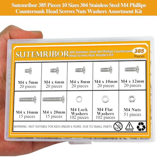 385 Pieces M4 Machine Screws Nuts Washers Set, Sutemribor M4 x 5/6/8/10/12/16/20mm Phillips Countersunk Head Machine Screws Nuts Washers Assortment Kit, 304 Stainless Steel, Fully Threaded - size: M4, style: Phillips Countersunk Head