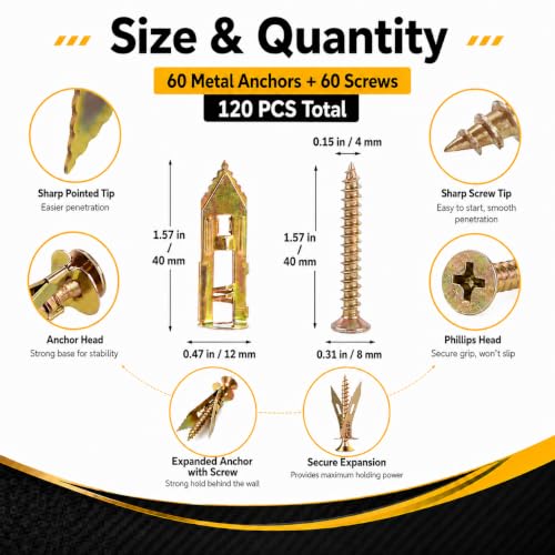 Jyphorixal 120 PCS Self Drilling Drywall Anchors with Screws Kit, Heavy Duty Metal Wall Anchors for Drywall, Sheetrock Anchors 0.47x1.57inch with Screws, No Drill Dry Wall Anchors and Screws Kit - size: 120Pcs 0.47X1.57inch