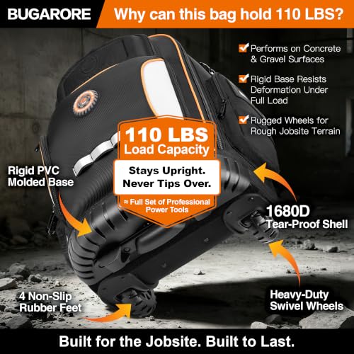 16" Rolling Tool Backpack with Wheels, 75 Pockets Electrician Tool Bag for Construction HVAC, 1680D Waterproof, Molded Base & Combination Lock - color: Black