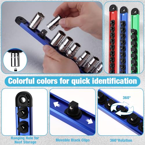 Ceenna 9 Set Magnetic Socket Organizer and Magnetic Screwdriver Organizer 6 Pcs 1/4", 3/8" & 1/2" Socket Rail Trays 3 Pcs Screwdriver and Wrench Holder Aluminum Alloy Tool Holder Red Blue Green