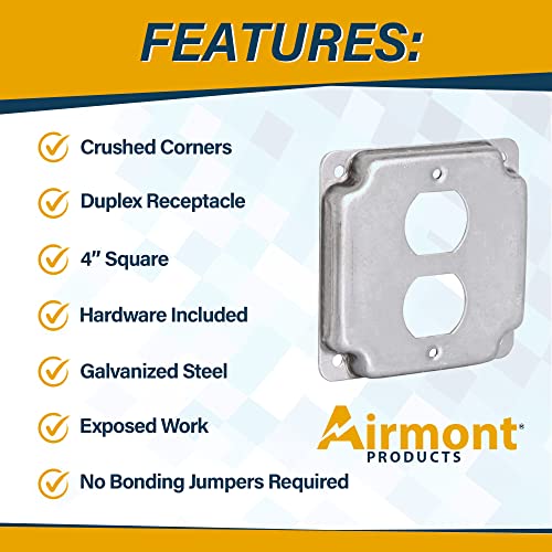 Pack of Box and Cover 4'' Square Electrical Box, 1 Duplex Receptacle Exposed Work Cover, Crushed Corners, Welded Construction, Ten 1/2'' and Six TKO Knockouts, Raised Ground, 2-1/8'' - size: Duplex Receptacle