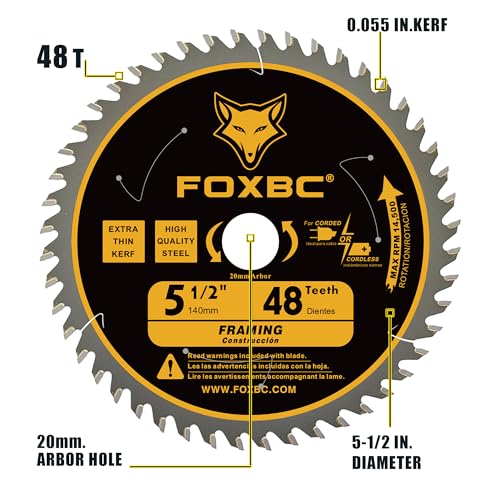 FOXBC 5-1/2" Circular Saw Blade 24T 48T Fast Framing for Wood Cutting, 20mm Arbor with 10mm, 1/2", 5/8” Bushings - 2 Pack