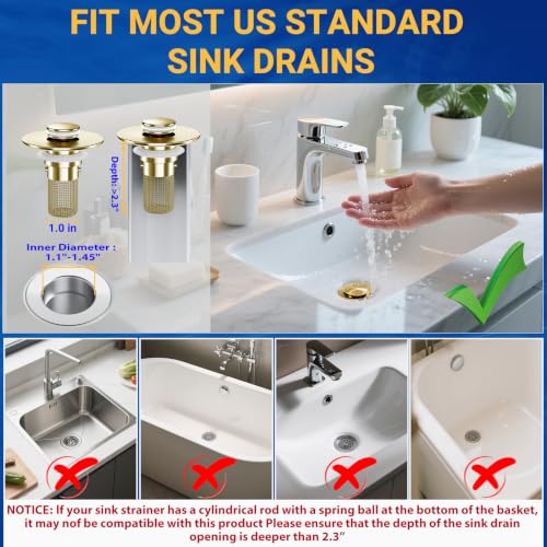Bathroom Sink Drain Strainer, Pop-Up Bathroom Sink Stopper with Removable Stainless Steel Hair Catcher Basket, Universal Fit for US Bathroom Sinks, Showers & Floor Drains (2pcs-Gold) - color: 2pcs-gold