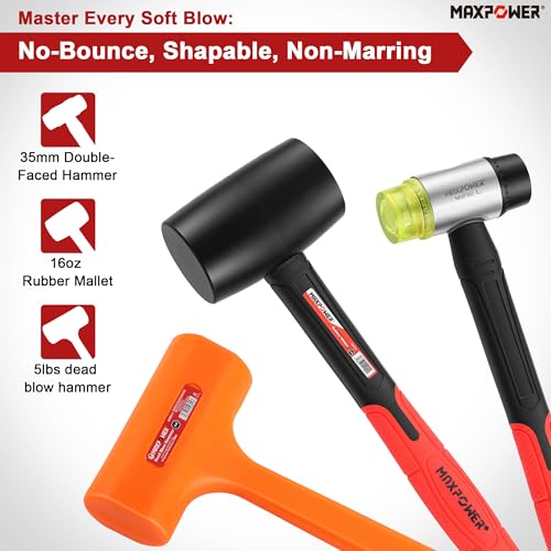 MAXPOWER 3-Piece Hammer Set, 5lbs Dead Blow Hammer, 16oz Rubber Mallet, 35mm Double-Faced Soft Mallet,Non-Marring Striking Tools for Automotive, Woodworking & Assembly - style: 3PCS