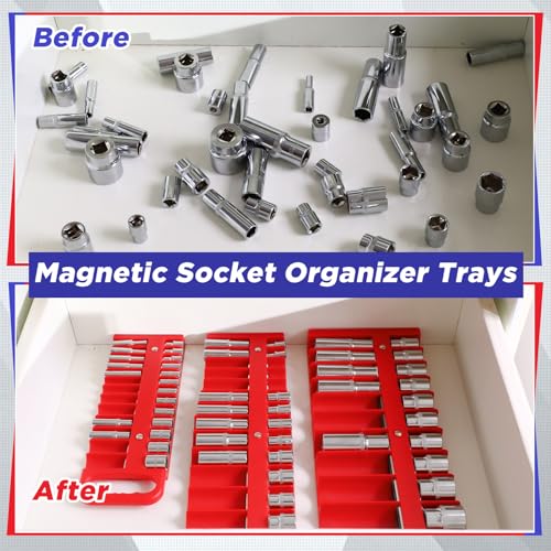 6 Pcs Magnetic Socket Organizer Holder Case Rail Rack for 1/2'', 3/8 '', 1/4'' Drive, Securely Holds 152 Sockets(Red,Blue) - color: Red,blue