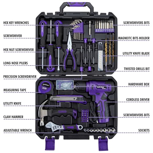 CARTMAN 150PCS 8V Cordless Drill Hand Tool Set, Purple Household Repair Kit - color: Purple