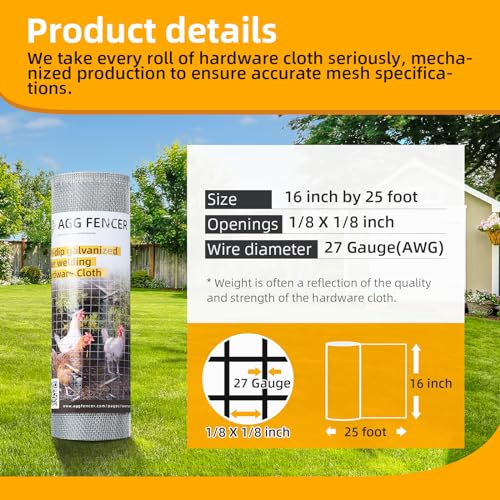 AggFencer 16in x 25ft Hardware Cloth 1/8 inch 27Ga Chicken Coop Wire Fence - size: 16in x 25ft