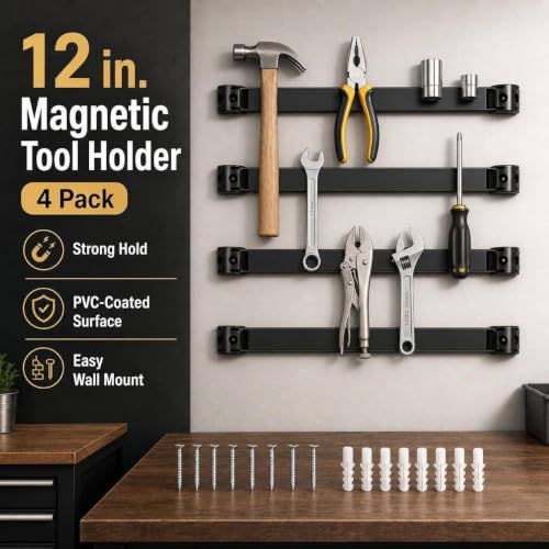 12" Magnetic Tool Holder, 4 Pack PVC-Coated Heavy Duty for Garage - style: 12IN-4 PACK