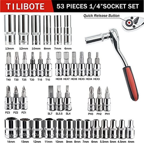 TILIBOTE Socket Wrench Set, 53PCS 1/4 Inch Ratcheting Wrench Set And Extension Bar Gimbal Slide Bar Extension Sockets, Set For Automotive Repair And Home Use. - size: 1/4"