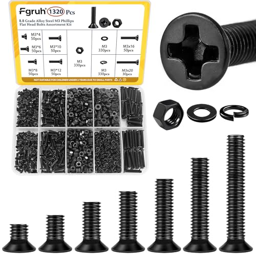 1320pcs M3 Flat Head Screws Assortment Kit, M3x4/6/8/10/12/16/20 mm - size: M3 1320pcs