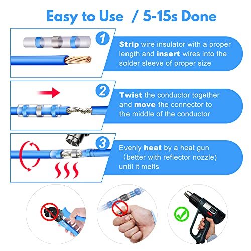 Kuject 200PCS Solder Seal Heat Shrink Wire Connectors AWG 16-14, Blue Butt Connectors Waterproof Splice for Marine, Automotive, Boat - size: AWG 16-14 Blue
