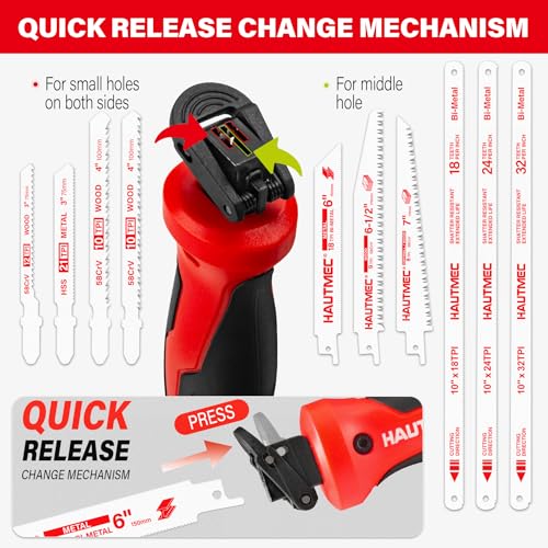 HAUTMEC 10-In-1 Multipurpose Hand Saw for Wood, Metal, Plastic & Drywall, Compact Hacksaw with Tool-Free Blade Change, Self-Locking Handle, Blade Storage Box & 10 Professional Saw Blades – HTHSH25032