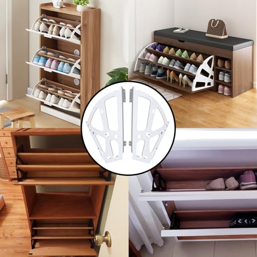 Coshar 4Pcs 2 Layers Shoes Drawer Hinges Fan Shape Shoe Cabinet Rack,White | 2 Layers,Stainless Steel Shoe Cabinet Rack Flip Frame, Replacement Fittings, Furniture Parts Hardware - color: White, size: 2 Layers