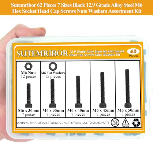62-Piece M6 Hex Socket Head Cap Screws Nuts Washers Set - 30/35/40/45/50mm Long Black Assortment Kit - 12.9 Grade Alloy Steel, Fully Threaded - size: M6 Long Screws Kit, style: Socket Head