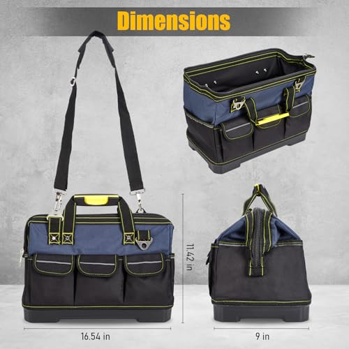 Garvee Heavy Duty 19 Inch Tool Bag with Waterproof Plastic Molded Base, Oxford Fabric Wide Mouth Tool Tote Organizer with Adjustable Shoulder Strap, for Men Mechanic Contractor, Blue