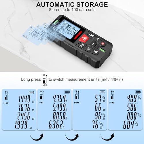 LT50 Laser Measure, 165ft/50m Laser Measurement Tool, with 2 Bubble Levels, Measuring Tool 4 Units Conversion、LCD Backlit Display, IP54 Waterproof, Pythagorean Mode for Distance, Area, Volume - size: 165ft