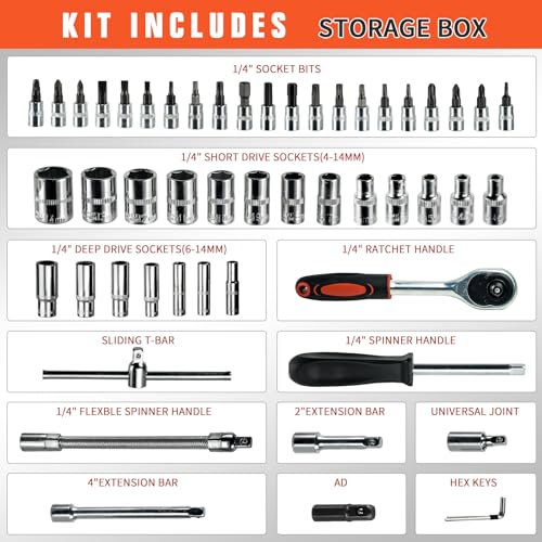 53PCS 1/4" Ratchet Socket Wrench Set Plastic Storage Tool Box - color: Gjx53s